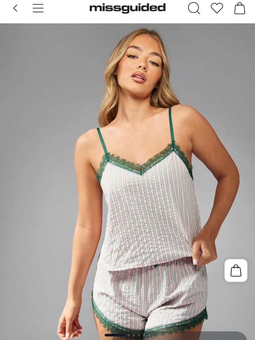 Missguided White & Green Striped Lace Trim Cami and Shorts Pajama Set
